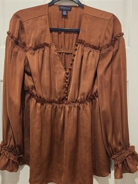 Amaryllis Rust Satin Ruffle Peplum Blouse Size Medium